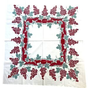 Vintage Mid Century Printed Cotton Tablecloth Red & Mint Green Grapevine Border